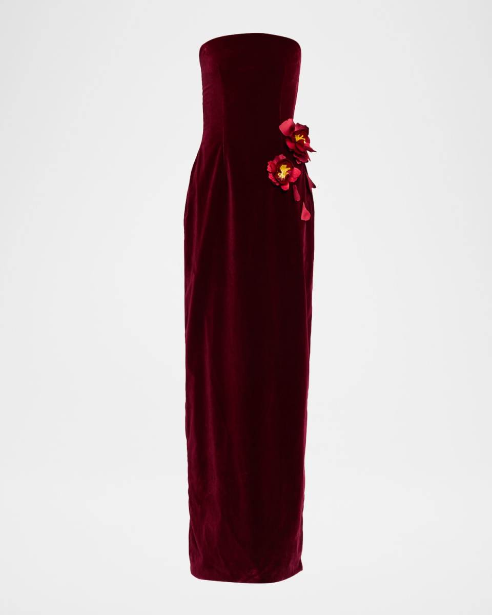 Strapless Flower Embroidered Velvet Gown